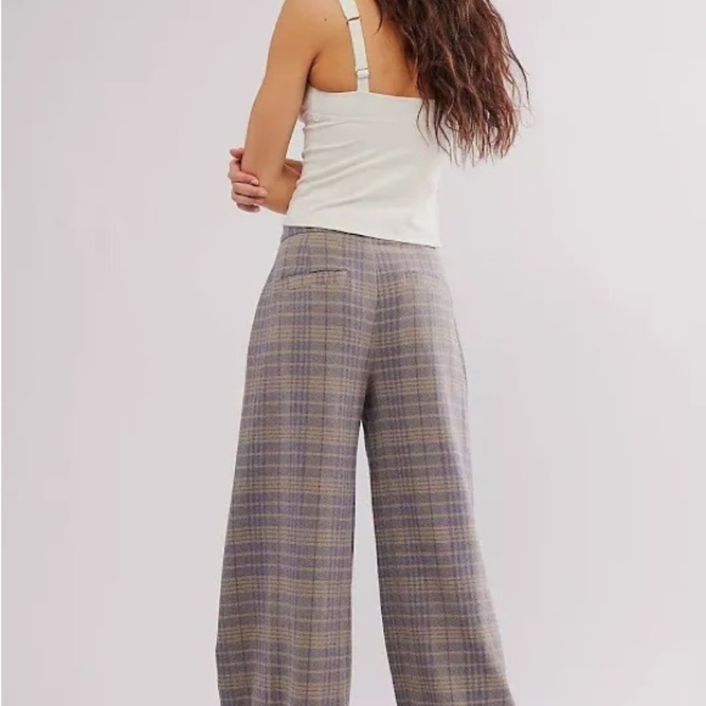 NWT Free People Tegan Wide Leg Plaid Pants in Gray Size 12 - Picture 2 of 5